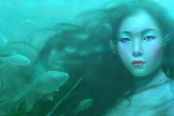 Fille asiatique sous l eau