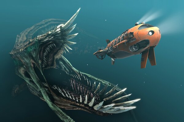 A giant monster in pursuit of an orange submarine