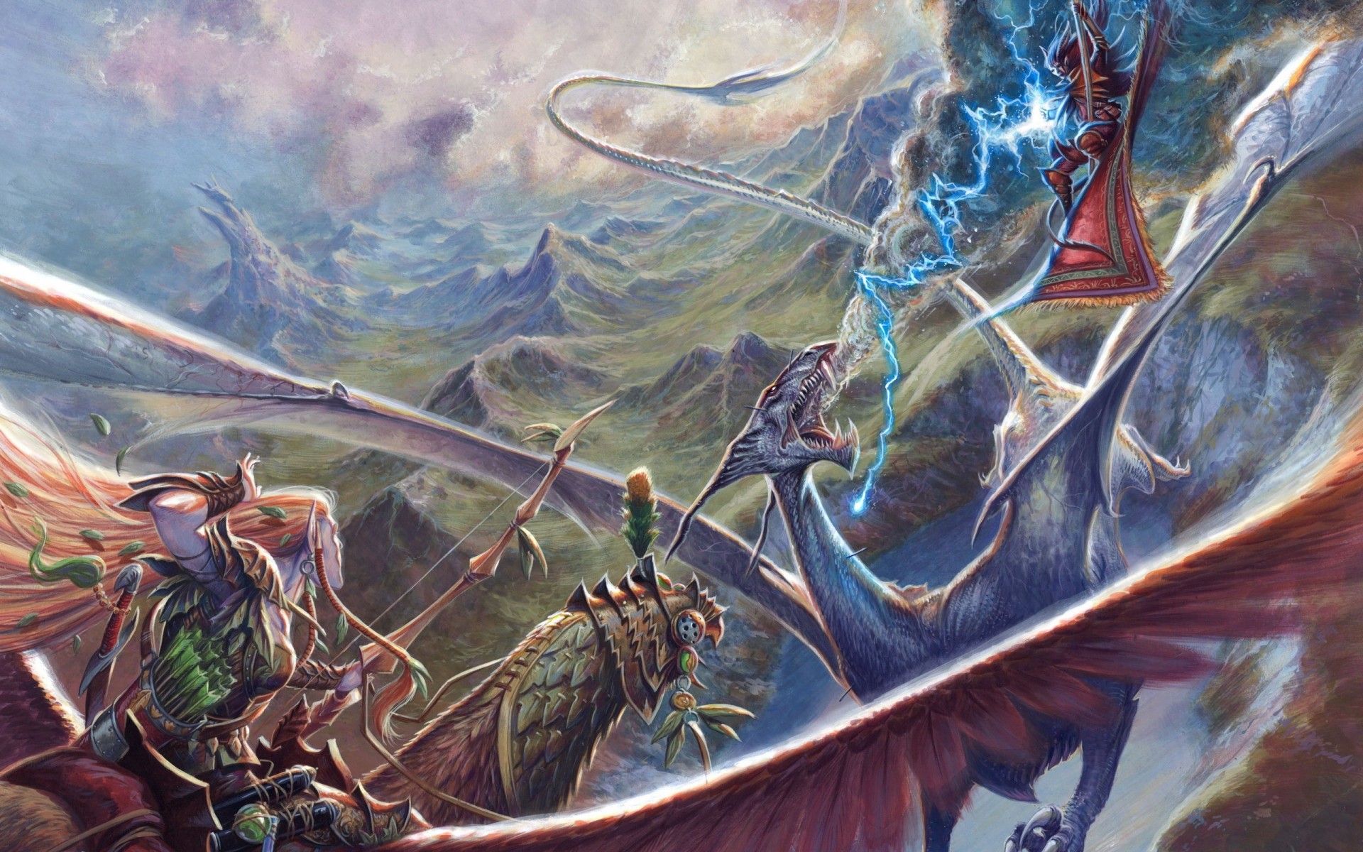 himmel bogen drachen kampf magie berge elf blitz