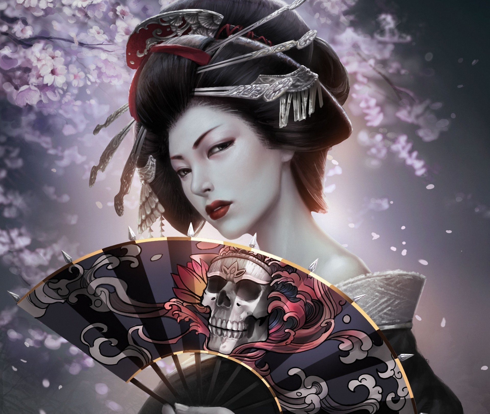 art fille fan épingles à cheveux kimono geisha crâne sakura