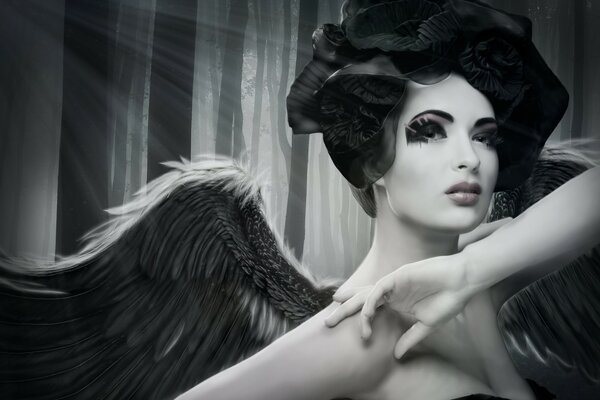 Image en noir et blanc d une fille avec des ailes