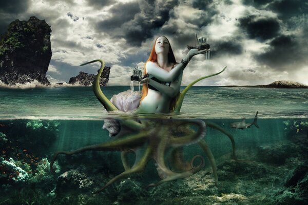 Ragazza-ragazza in un mare di sirene con le code e qualcuno con tentacoli