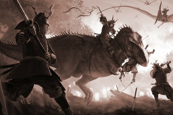 Battaglia dei dinosauri con samurai