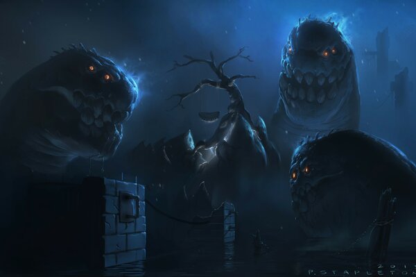 Three monsters at night around a tree