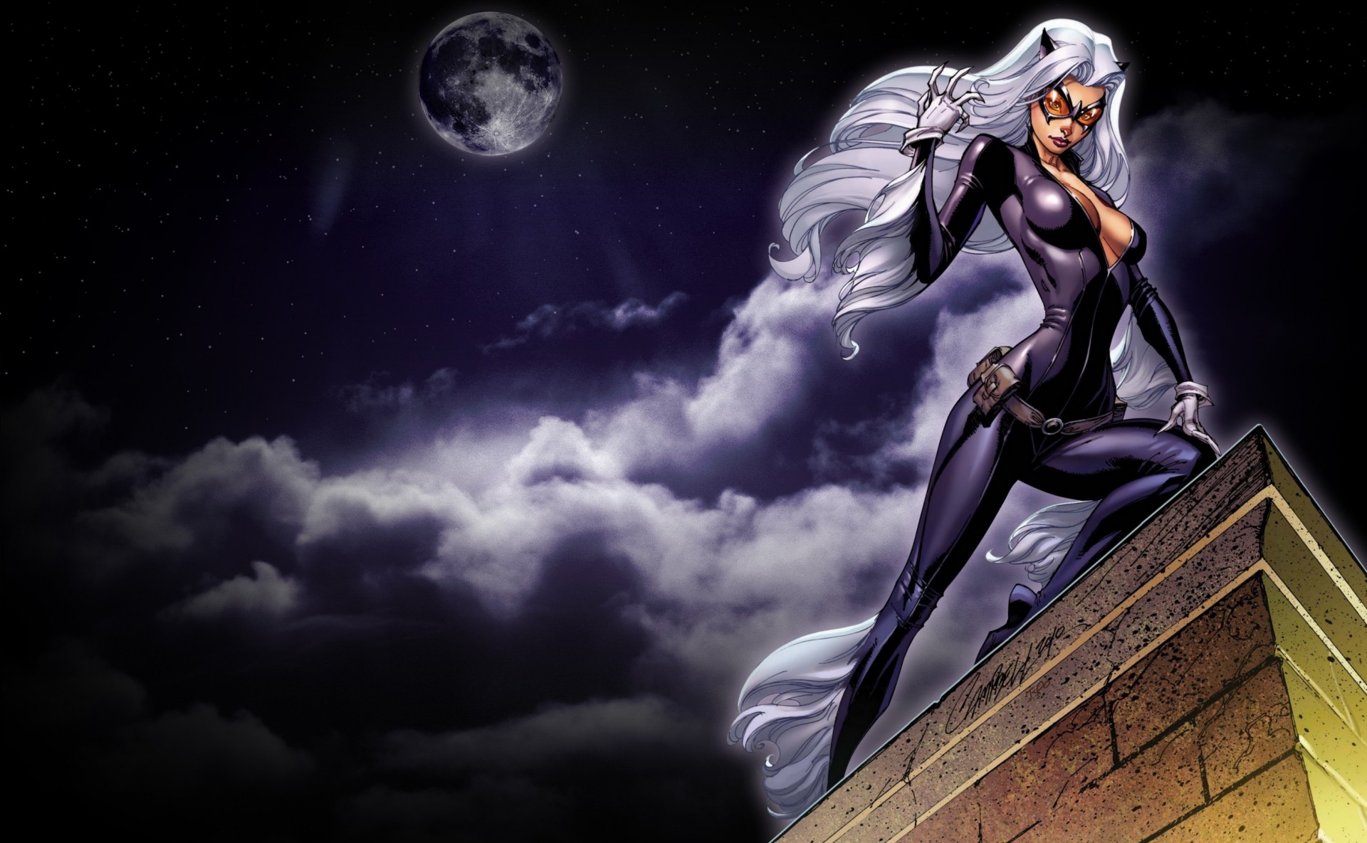 art night suit roof moon views sky catwoman white hair mask cat woman