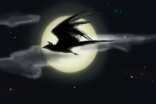 A bird rider at night on the background of the moon