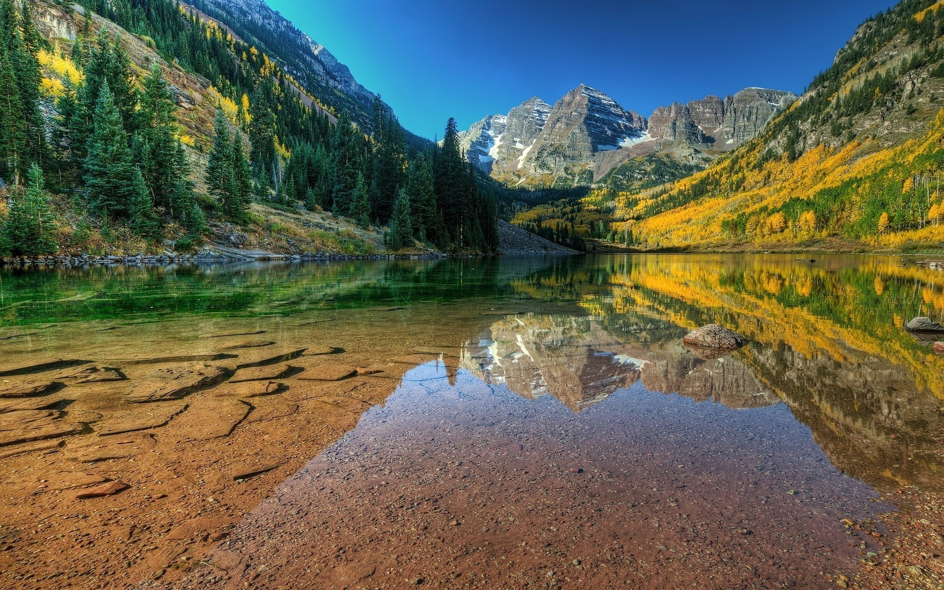 reflection mountain forest river nature