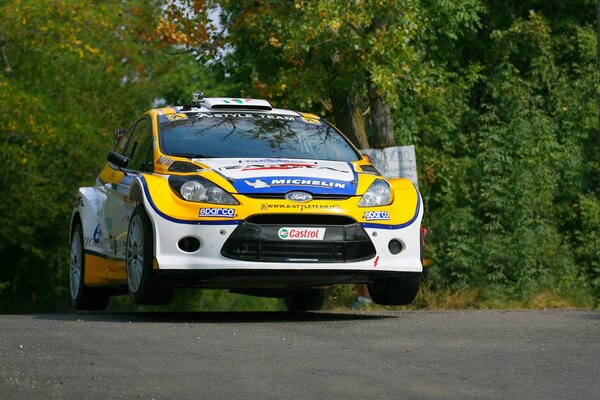 Bella foto di rally nella foresta. Foto di auto ford al Rally