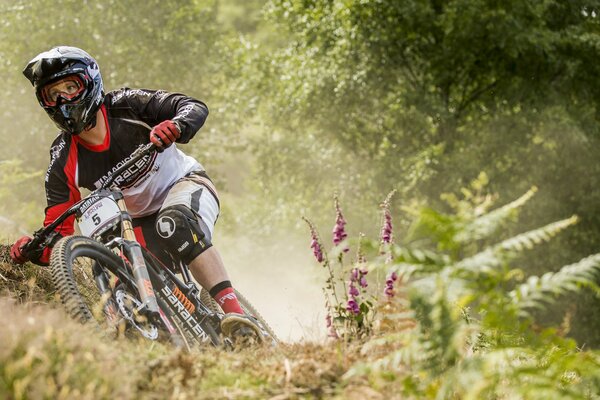 A cyclist in a helmet rides along a forest road