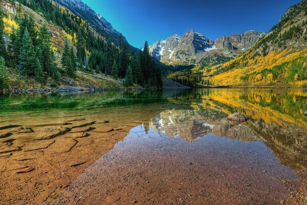 Lago trasparente ai piedi della montagna