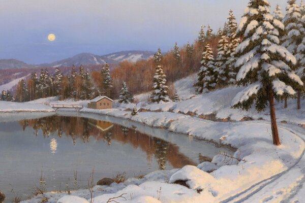 House on the lake birch. Cozy winter forest