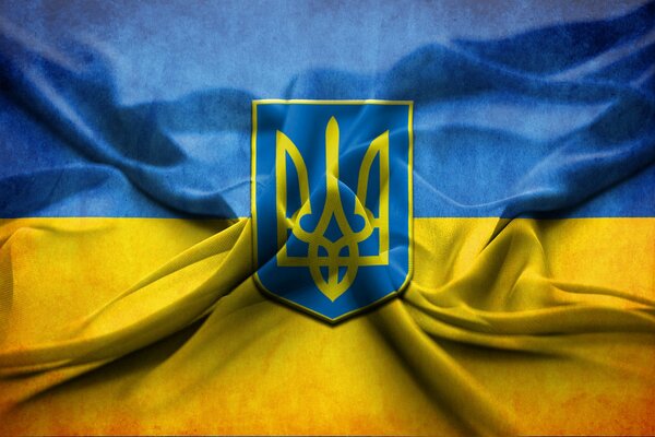 Blue-yellow flag of Ukraine and the coat of arms of Ukraine on the flag