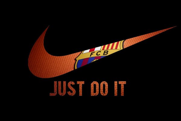 On a black background, a red nike sign with the flag of Barcelona