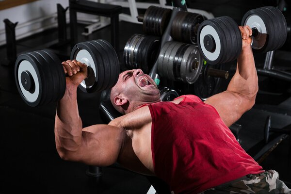 Bodybuilder pumps muscles with a dumbbell