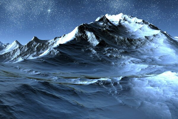 Starry sky , icy cold , snow - capped mountains