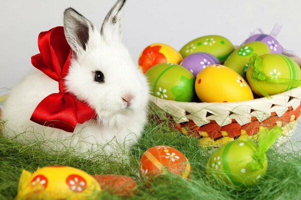 Conejo blanco y huevos de Pascua