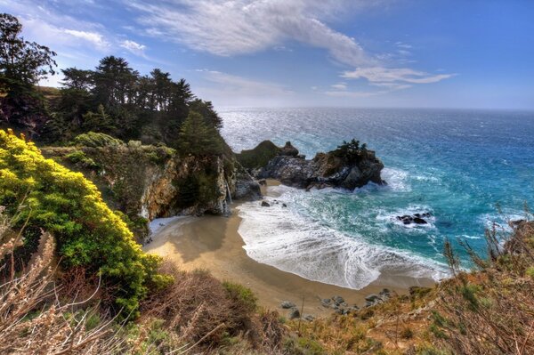 Ocean shore with blue water and rocks