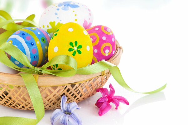 Uova di Pasqua in un cestino con nastro