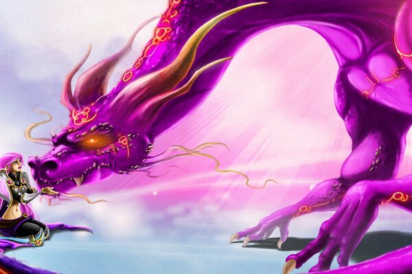 Immagine luminosa di una ragazza con un drago viola