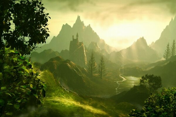Valle verde de montaña al amanecer