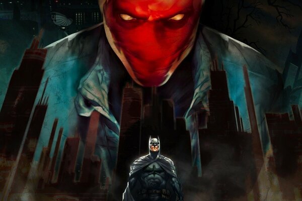 Superhero Batman in the background of Gotham City
