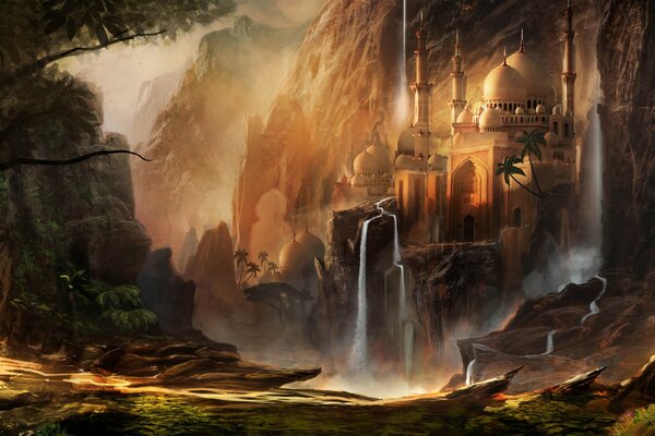 Obraz w stylu fantasy z zamkiem, górami i wodospadem