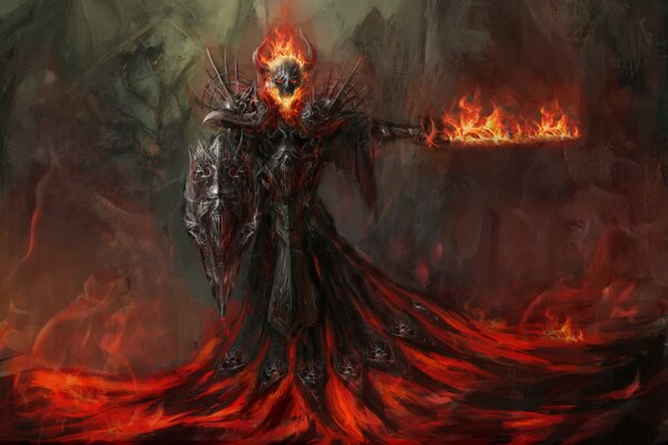 A demon with a shield and a sword, risen from the lava