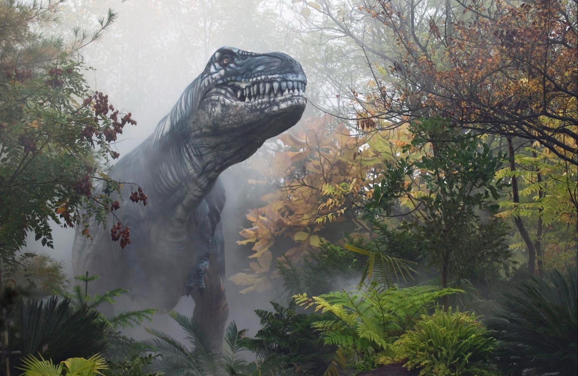 herbst nebel wald dinosaurier