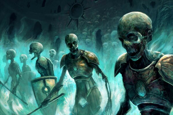 Art image of zombie skeletons with weapons