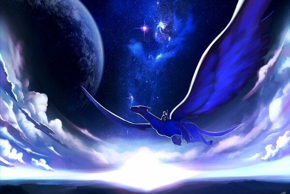 Арт изображение ночного неба с луной и летящим драконом