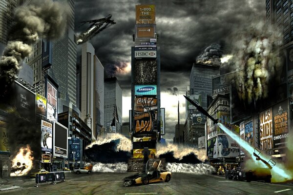 Apocalyptic landscape of New York with explosions and fires