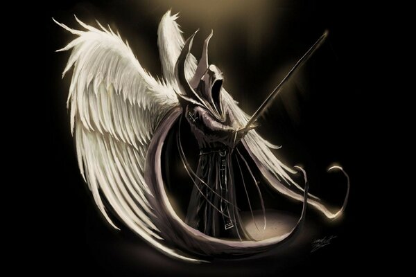 A demon with white wings holds a sword