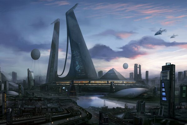 Закат города будущего в облаках
