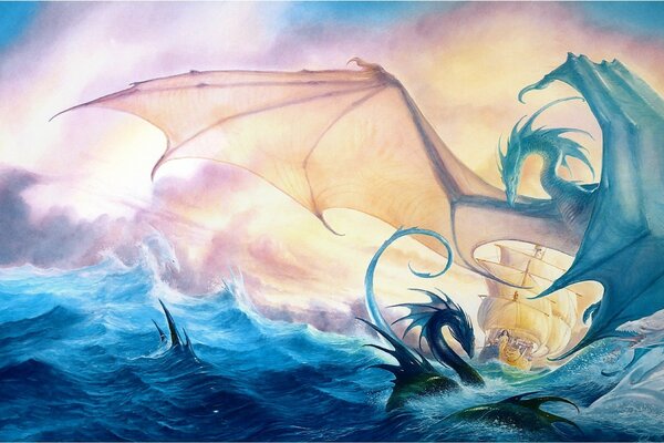 Two dragons in the sea see a ship