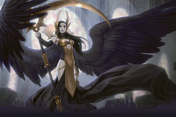 Angel of death in the forest with a scythe