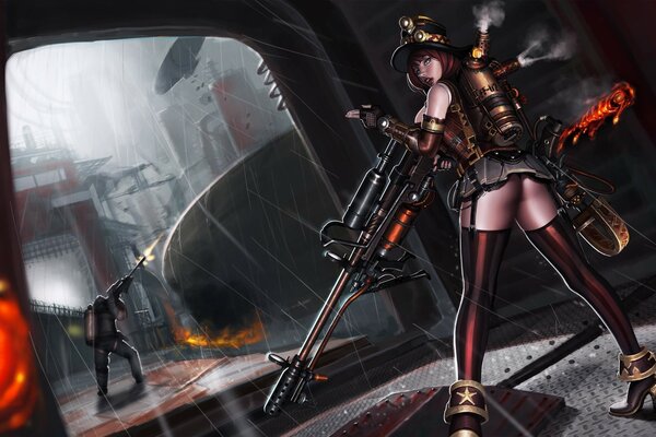 Image d une fille dans le style steampunk en jupe courte et bas