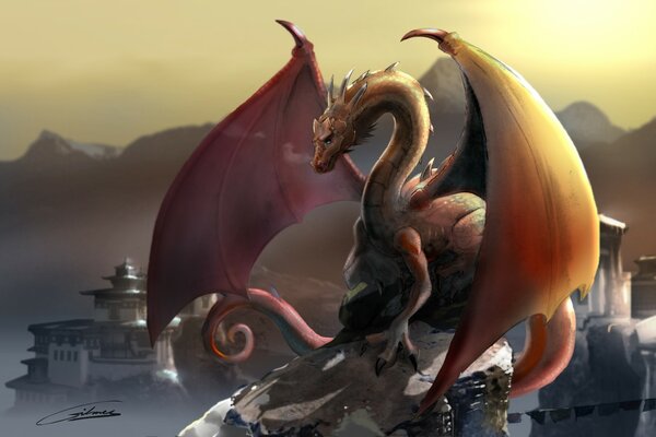 Image de dragon sur fond de montagnes au Tibet