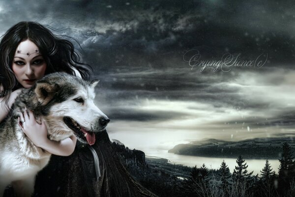 Мрачная картина девушки с собакой-волком