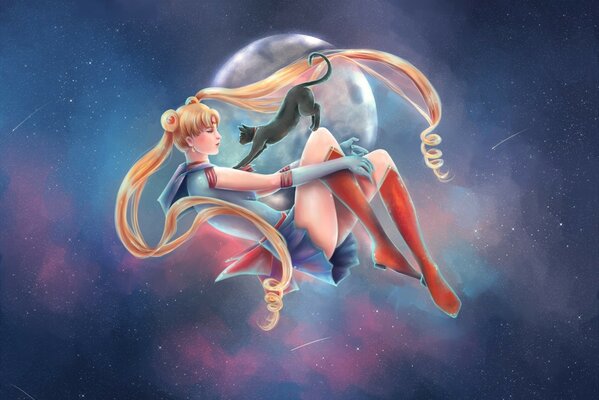 Sailor Moon avec chat sur fond de lune