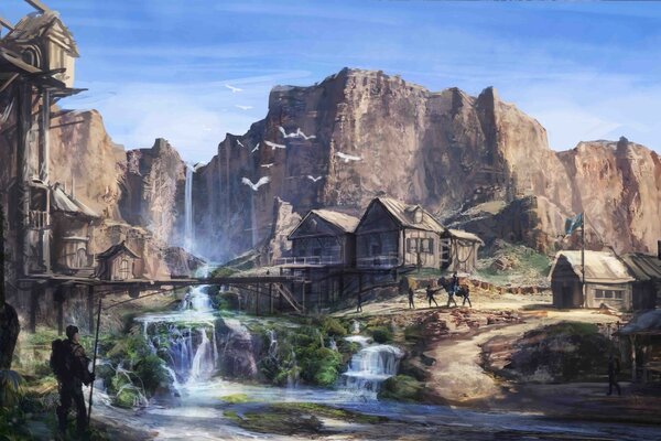 A village on stilts in the rocks with a waterfall