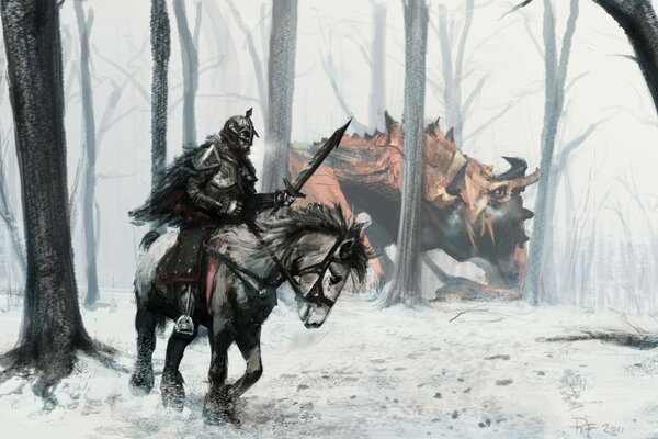 Cavaliere a cavallo nella foresta innevata