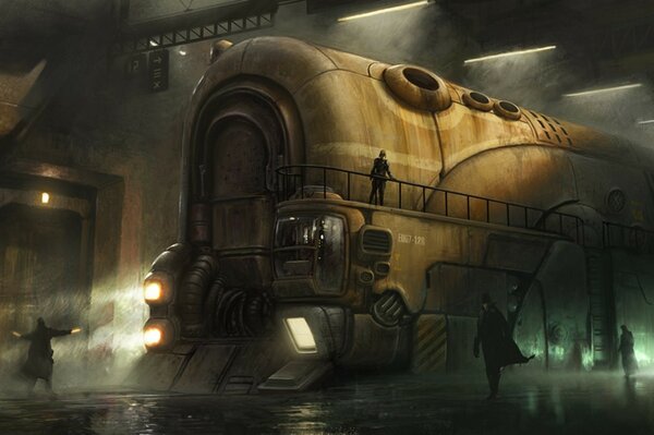 Image de dessin d une grande locomotive et les gens dans un style dramatique