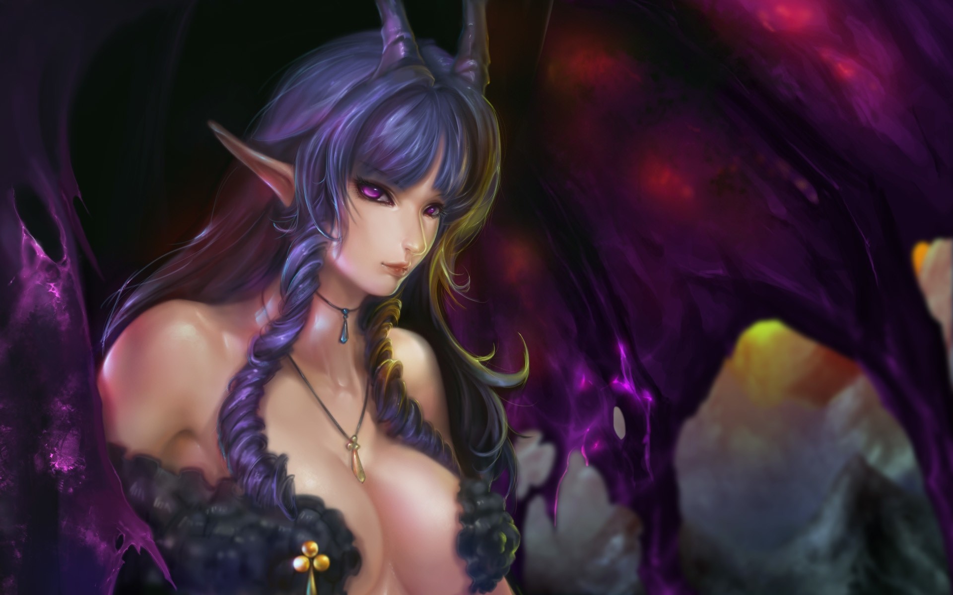 demon girl views horn art jakuroi breasts elf wing