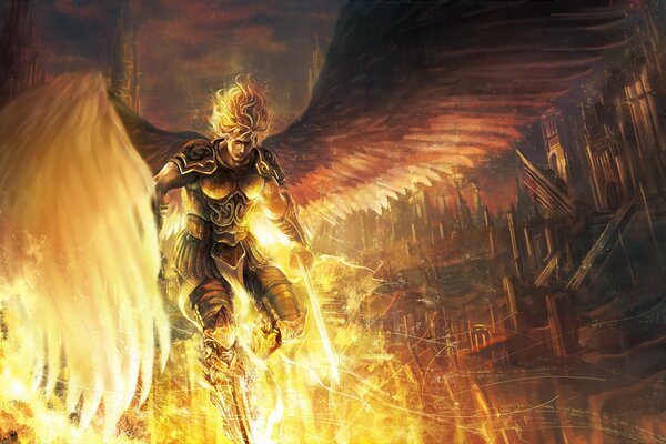 Angel and warrior on fire over the city