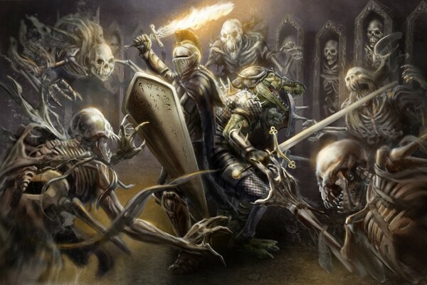 Скелеты сражаются с рыцарями в доспехах