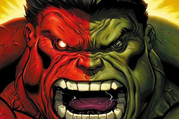 The Red-green Hulk screams in rage