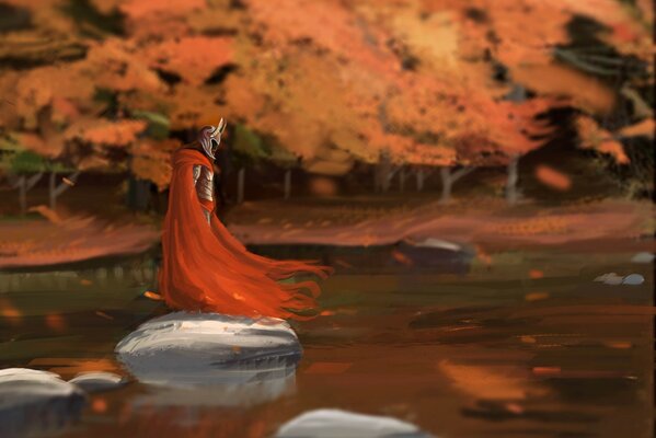 Orange autumn. Raincoat. Warrior