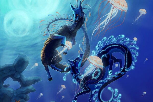 Fantastic creatures swim underwater with jellyfish