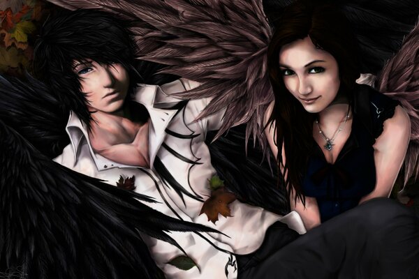 Art girl and guy with wings of different colors