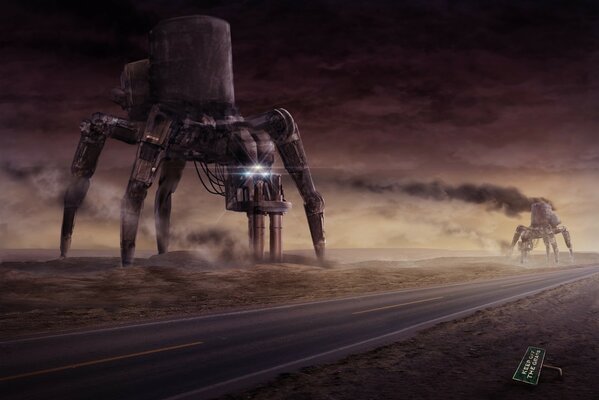 Robots are spiders gnawing the ground near the road